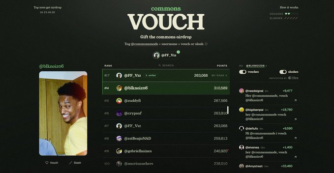 A screenshot of the "commons VOUCH" airdrop leaderboard shows user @blknolozo ranked #4 with 310,589 points, behind @FF_Viz at #17 with 263,066 points, while displaying vouch/slash activity in the right sidebar. The leaderboard visualizes the competition mentioned in the post, where only the top 1,000 users qualify for the airdrop, and shows the user's successful placement along with their remaining vouch balance.