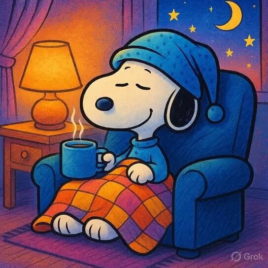 The image features a cartoon character, likely a beloved cartoon character from the show "The Simpsons", sitting comfortably in an armchair with a blue blanket over him. The character has his eyes closed and appears to be sleeping or resting. There are two cups on the chair next to the character - one is filled with coffee, while the other contains tea. A lamp can also be seen near the character's position, providing light for the scene.