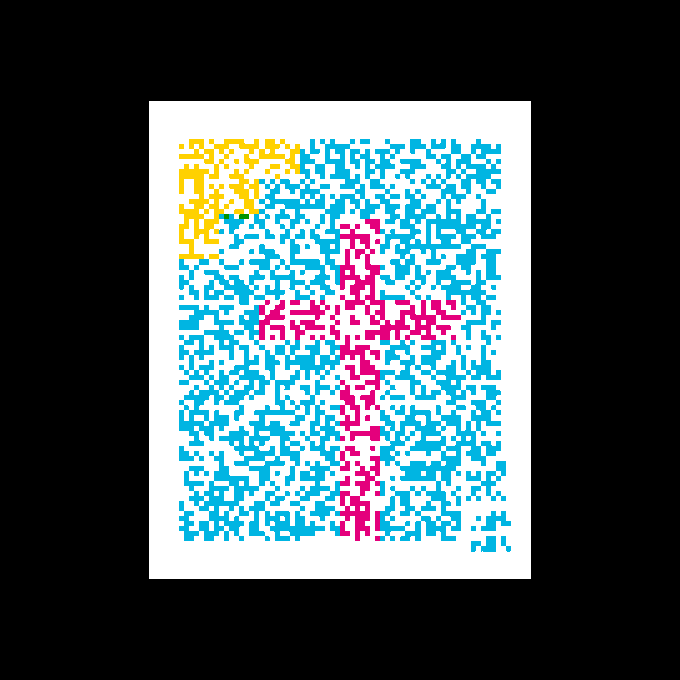 An abstract digital artwork or data visualization featuring a dense pattern of cyan, yellow, and magenta pixels scattered across a white background.