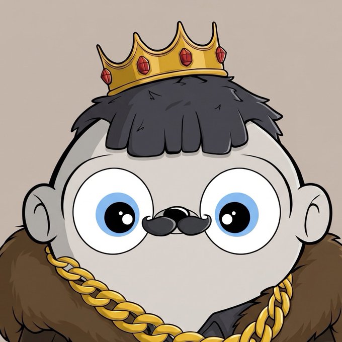 A cartoon illustration of a baby penguin character with large blue eyes, black fluffy hair, wearing a gold crown with red gems and a gold chain necklace.
