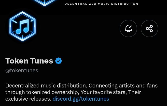 A Twitter/X profile for "Token Tunes" (@tokentunes) displaying their hexagonal blue music note logo, with a verified badge and a description promoting decentralized music distribution that connects artists and fans through tokenized ownership. The image aligns with the post's celebration of Token Tunes reaching 1,000 followers and their mission to build a web3 music distribution company for mainstream artists.