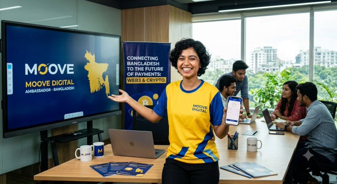 A smiling young woman wearing a yellow "MOOVE DIGITAL" shirt proudly displays a phone app while standing beside a screen reading "MOOVE DIGITAL AMBASSADOR - BANGLADESH" and a banner stating "CONNECTING BANGLADESH TO THE FUTURE OF PAYMENTS: WEB3 & CRYPTO," visually supporting her application to become the brand's ambassador and promote crypto adoption through community engagement.