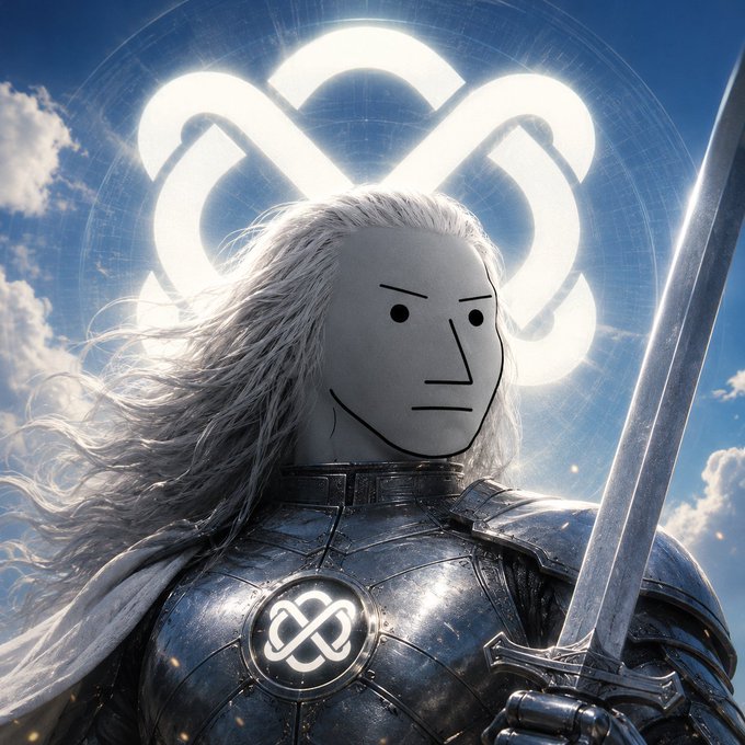 A warrior figure clad in silver armor wields a sword against a sky backdrop, with a glowing Celtic-style knot symbol resembling the REPPO logo radiating behind their head and emblazoned on their chest plate—evoking a heroic, mythological tone that mirrors the post's announcement of Reppo's milestones, including 30+ active Orquestra nodes, a completed $35K buyback and burn, and an upcoming Datanet launch on August 2.