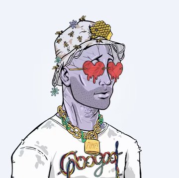 A stylized digital portrait of a figure wearing a beaded cap, red heart-shaped sunglasses, and gold chains with a pendant reading 'HHR', with graffiti-style text at the bottom.