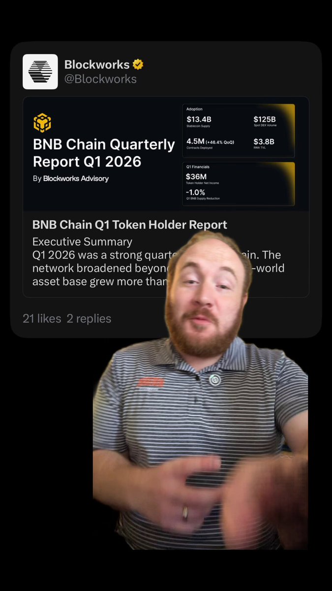 The image shows a man wearing a striped shirt, holding up his hands as if he's giving a speech or presentation. The background of the image features a black screen displaying information about Bitcoinworks and their Quarterly report. The text "BNB Chain Quarterly Report Report 1/26/2026" is visible on the screen, indicating that the report has been recently published.
