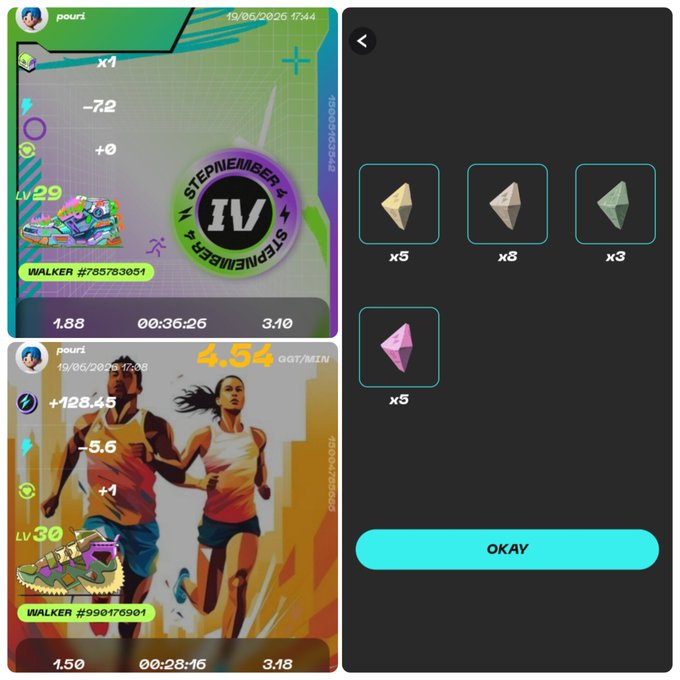 The image presents four different screens, each displaying a runner's progress. On the first screen, there is a list of achievements that can be earned by participating in various activities such as running or walking. The second screen shows the runner's progress through three different stages; they have completed one stage and are now at the third stage. The third screen displays four badges for achieving different milestones within each stage. Finally, on the fourth screen, there is a timer that records the amount of time spent in each stage, displaying both minutes and seconds as well as an overall progress bar. The entire content appears to be related to fitness tracking or a similar health-related activity.