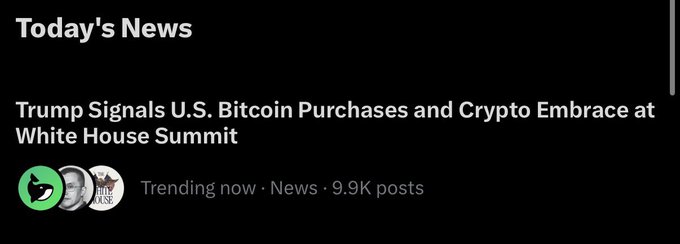 Today's News headline: 'Trump Signals U.S. Bitcoin Purchases and Crypto Embrace at White House Summit', trending with 9.9K posts.