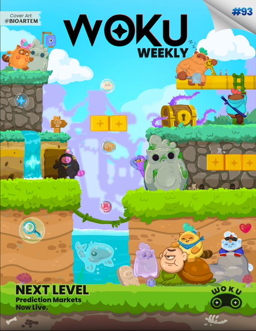 The image features a colorful poster for the Woku Weekly magazine. The poster showcases a cartoon illustration of various characters from different games, including a character with a blue hat and a character wearing a red hat. The background of the poster displays a mountain landscape filled with trees and rocks. The text on the poster announces that "Woku Weekly" is now available for purchase at the Prediction Markets section of the Woku Network website.