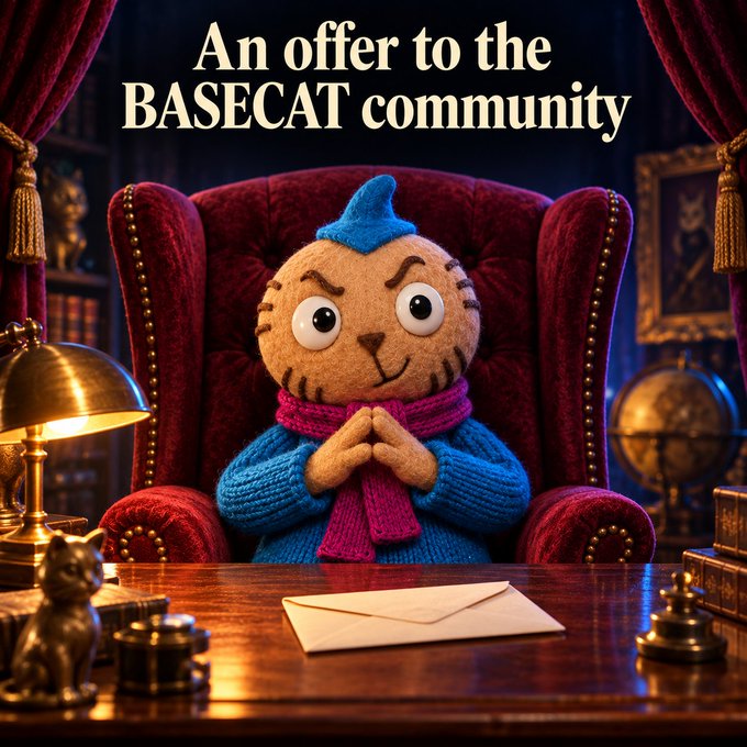 A knitted cat character wearing a blue outfit and pink scarf sits in a red velvet chair with text reading 'An offer to the BASECAT community'.