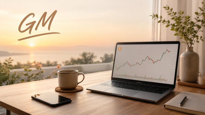 A serene desk setup at sunset with a laptop showing a stock chart, a coffee mug, and a phone, with 'GM' written in the corner.