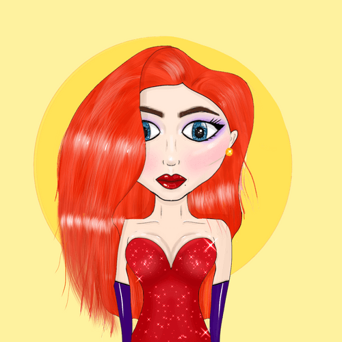 A digital cartoon illustration of a stylized woman with long flowing red hair, large blue eyes, red lipstick, and a sparkly red strapless dress against a yellow circular background.