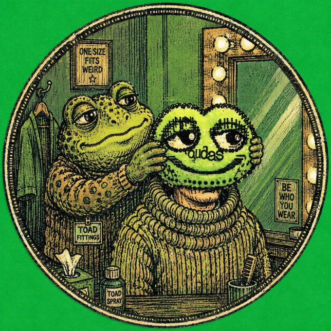 A surreal circular illustration shows a toad applying a green, smiling "adidas" mask onto a human figure wearing a textured sweater. Signs in the scene read "ONE SIZE FITS WEIRD," "TOAD FITTINGS," "BE WHO YOU WEAR," and a bottle labeled "TOAD SPRAY."