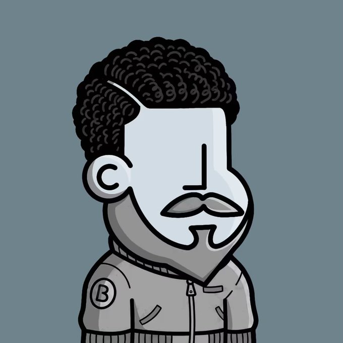 A stylized cartoon character with curly black hair, a large nose, mustache, and gray hoodie is shown, featuring a "B" emblem on the sleeve and a "C" marking on the ear. The character serves as the mascot for a giveaway of NPC #7931 NFT from the NPC collection, promoted to holders of the Midnight Degens Club (MDC) collection.