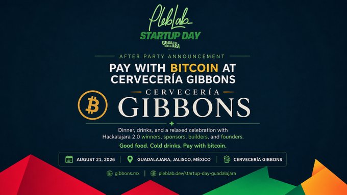 An event announcement graphic for 'PlebLab STARTUP DAY GUADALAJARA' advertising an after party with the headline 'PAY WITH BITCOIN AT CERVECERIA GIBBONS' at Cervecería Gibbons on August 21, 2026, in Guadalajara, Jalisco, México.