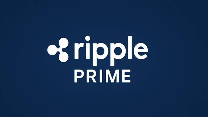 The image features a logo for Ripple Prime, which is a cryptocurrency exchange platform. The logo consists of a white "R" followed by three "i"s, representing the Ripple cryptocurrency token. The text "RIPPLE PRIME" is written below the logo in white letters. The background color of the image is blue with a gray border.