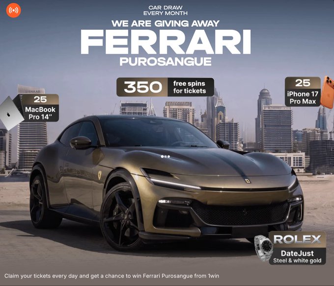 A promotional graphic from 1winPro advertises a giveaway featuring a Ferrari Purosangue as the grand prize, alongside 25 Rolex DateJust watches, 25 iPhone 17 Pro Max, and 25 MacBook Pro 14", offering 350 free spins for tickets. The image showcases the gold-colored Ferrari Purosangue against a city skyline, with all prizes and entry details highlighted for monthly car draw participants.