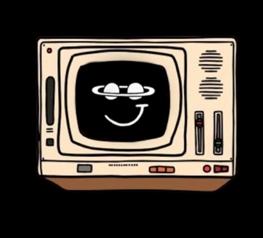 An animated illustration of a vintage television with a smiling face on its screen, set against a black background.