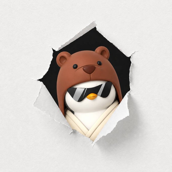 A 3D-rendered cartoon penguin wearing sunglasses and a brown bear hood, appearing to peek through a torn hole in a white wall.