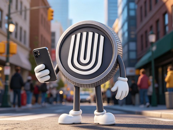 A 3D rendered cartoon coin character with a 'U' symbol on its face, wearing white gloves and shoes, holding a black smartphone while standing on a city street.
