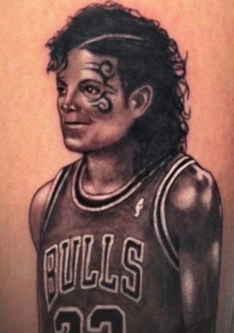 A black and grey tattoo-style portrait depicts a young man with dark hair wearing a 'BULLS' basketball jersey with the number 23.