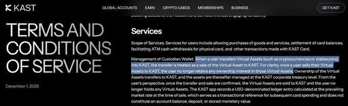 KAST's 'TERMS AND CONDITIONS OF SERVICE' page dated December 1, 2025, highlighting clauses about 'Management of Custodian Wallet' and virtual asset transfers.