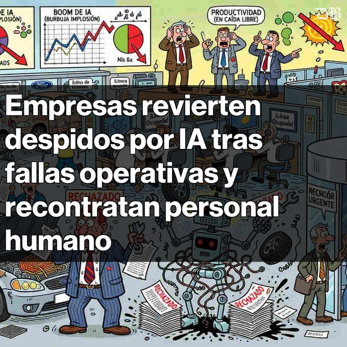 A Spanish-language cartoon meme with overlay text 'Empresas revierten despidos por IA tras fallas operativas y recontratan personal humano,' depicting stressed businessmen and a malfunctioning robot.