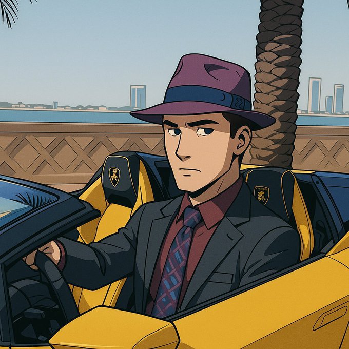 An anime-style man in a purple fedora and dark suit sits in a yellow Lamborghini with a stoic expression, set against a coastal city skyline. The luxurious sports car and confident demeanor visually reinforce the post's motivational message of ambition and making the month count.