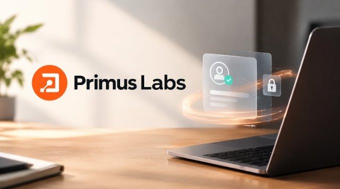 Promotional banner for 'Primus Labs' displayed over a laptop on a wooden desk, featuring floating security/identity card graphics.