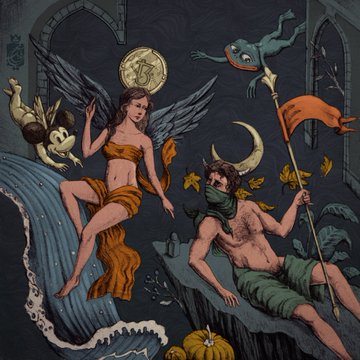 A wider view of the same fantasy illustration showing a winged woman with orange drapery, a horned man in a green scarf, a small creature, and a pumpkin on a cliff.