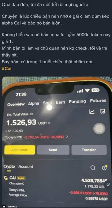 A screenshot of a Binance app showing a trading loss on the CAI/USDT token, with the "Today's PNL" displaying -3,702.64 USDT (-36.98%) and a holding of 4,538.7884 CAI valued at 1,175.33 USL, paired with a Vietnamese caption blaming a sister's accidental "Buy" instead of "Sell" mistake for the 5000u investment loss.