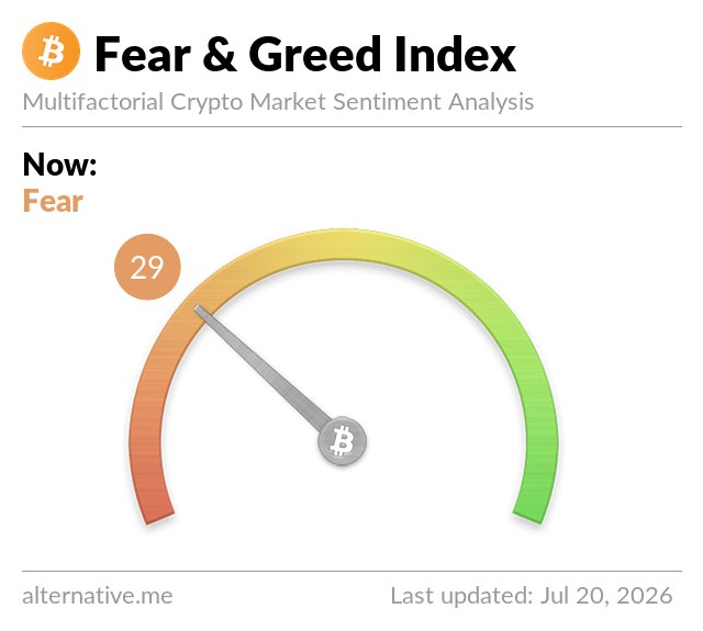A crypto Fear & Greed Index gauge from alternative.me displays a current reading of **29 ("Fear")**, with the needle pointing into the orange "Fear" zone, dated July 20, 2026. The image visually confirms the post's claim that sentiment has slipped into fearful territory, though the 29 reading falls just short of the "Extreme Fear" label referenced in the caption.
