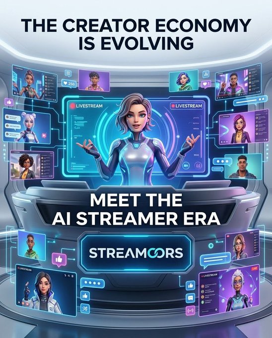 A promotional graphic titled 'THE CREATOR ECONOMY IS EVOLVING' and 'MEET THE AI STREAMER ERA,' showcasing the 'Streamors' platform with an AI virtual character surrounded by livestream screens.