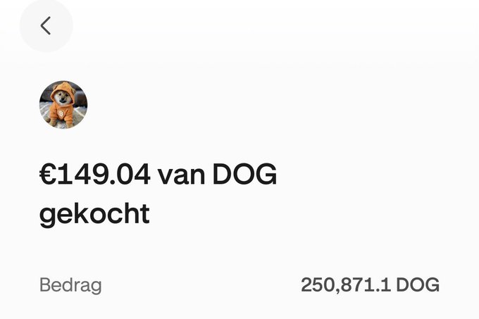 A cryptocurrency transaction confirmation screen showing €149.04 worth of DOGE purchased, equivalent to 250,871.1 DOG coins, featuring a dog avatar in an orange hoodie.