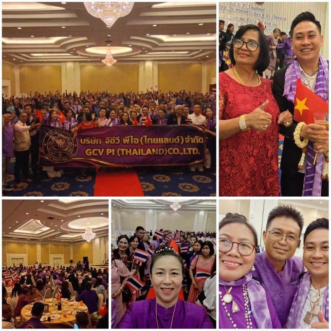 A collage of photos from what appears to be a GCV PI (Thailand) event, with people in formal attire, purple scarves, and holding Thai and Chinese flags.