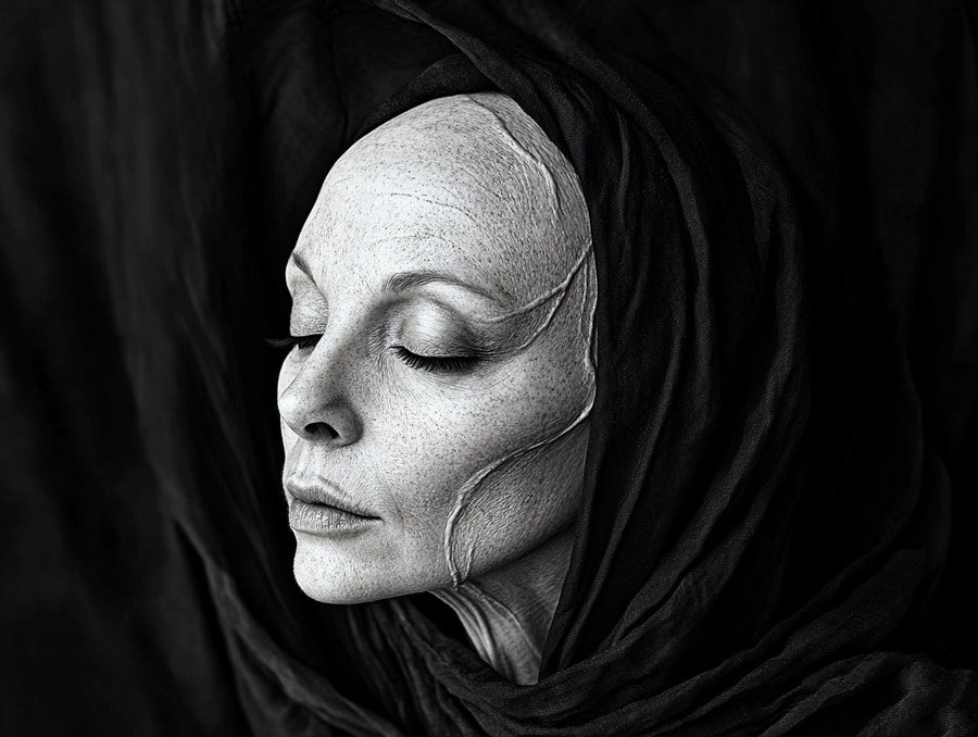 A black and white portrait of a figure with a white, textured mask-like face and closed eyes, wrapped in a dark hooded fabric.