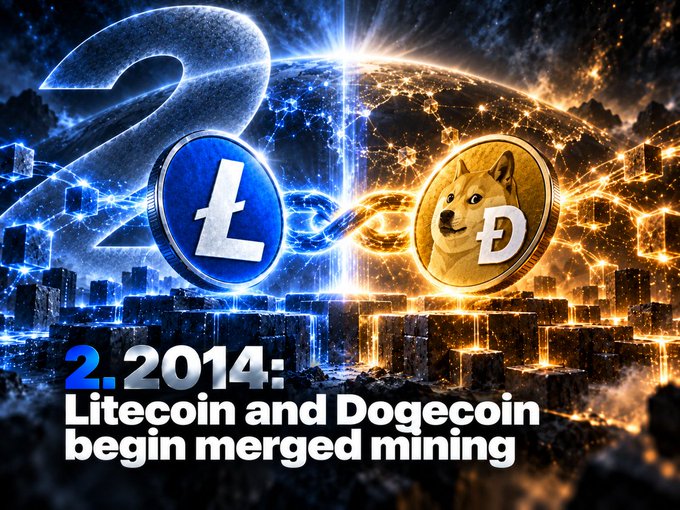An infographic slide featuring Litecoin and Dogecoin coins connected by a chain, with text reading "2. 2014: Litecoin and Dogecoin begin merged mining".