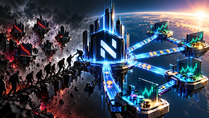 A digital artwork depicting a futuristic cityscape with glowing blue neon pathways connecting floating islands, silhouettes of figures walking on a dark path, and a central hexagonal logo.