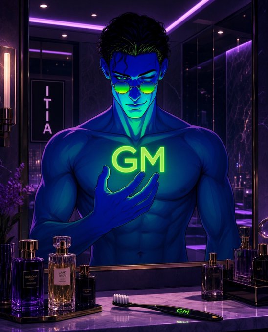 Stylized illustration of a blue-toned muscular man wearing green sunglasses in a neon-lit bathroom, holding up a glowing 'GM' sign, with various bottles on the counter.