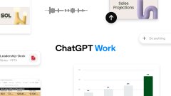 A collage of partial UI screenshots featuring a 'SOL' profile, audio playback controls, an 'Edo Projections' button, and a 'ChatGPT Work' bar chart.