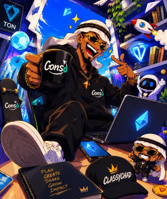 A vibrant anime-style illustration of a character wearing a keffiyeh and sunglasses holding a 'Cons.o' mug, surrounded by TON cryptocurrency logos, a laptop with Ethereum logo, a skateboard, and a notebook reading 'PLAN CREATE SHARE GROW IMPACT' with a 'ClassyChad' cap.