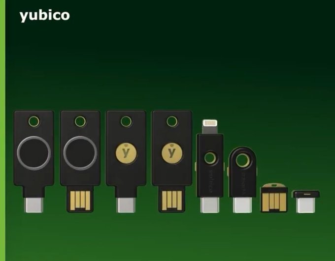 A lineup of Yubico security keys in various form factors (USB-A, USB-C, Lightning, and Nano) displayed against a dark green background with the Yubico logo in the top-left. The image visually reinforces the post's message by showcasing the hardware devices used to securely protect crypto wallets and digital assets.