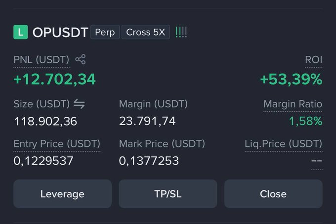 A dark-themed trading interface shows a perpetual position for 'OPUSDT' with a PNL of +12,702.34 USDT, an ROI of +53.39%, and a margin ratio of 1.58%, with an entry price of 0.1229537 and mark price of 0.1377253.