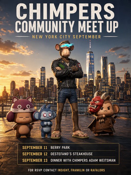 A promotional poster for 'CHIMPERS COMMUNITY MEET UP' in New York City in September, featuring animated monkey characters against the NYC skyline.