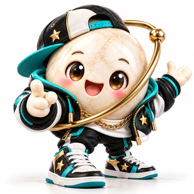 A 3D rendered cartoon character depicting a marble-like planet wearing a black and teal cap, jacket, and sneakers, featuring a gold ring resembling Saturn's, with starry eyes.