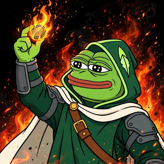 Digital illustration of a Pepe the Frog character dressed in green armor and a hood, holding up a flaming gold coin against a backdrop of intense fire and embers.