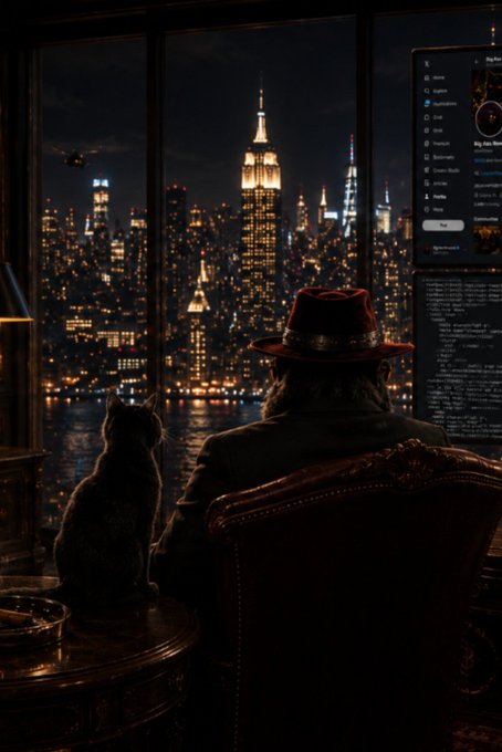 A man in a red fedora and dark coat sits in a leather chair with a cat beside him, looking out a window at the illuminated nighttime skyline featuring the Empire State Building, with computer screens displaying code and a chat interface visible.