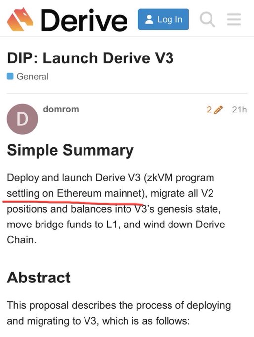 A screenshot of a Derive governance forum post titled 'DIP: Launch Derive V3' by user 'domrom', with the 'Simple Summary' section describing the deployment of Derive V3 (zkVM program settling on Ethereum mainnet).