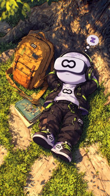 An anime-style illustration of a character wearing a VR headset and futuristic clothing relaxing against a rock with an orange backpack and a map nearby.