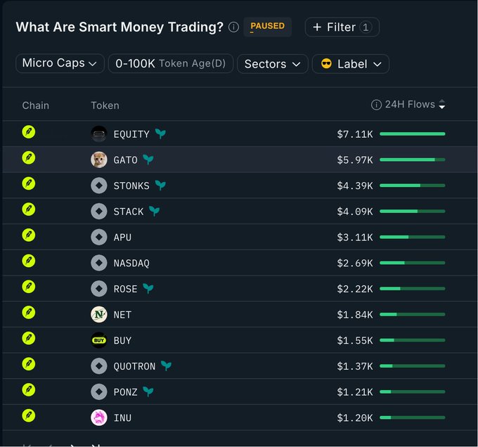 A smart money trading dashboard showing 24H Flows for various tokens including EQUITY ($7.11K), GATO ($5.97K), $TONKS ($4.39K), $STACK ($4.09K), APU ($3.11K), and $ROSE ($2.22K), filtered by Micro Caps, 0-100K Token Age, and labeled trades.