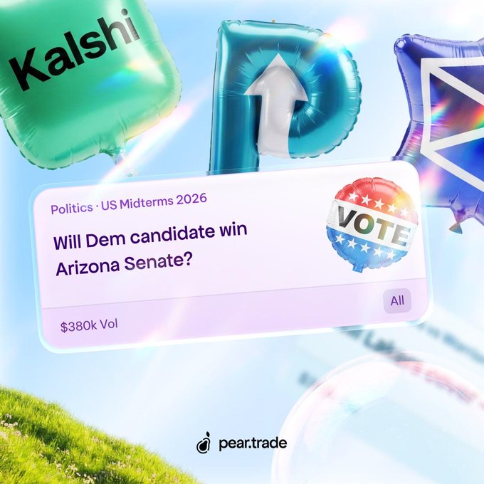 A promotional graphic for Kalshi featuring foil balloons spelling 'KALSHI' and a prediction market card about US Midterms 2026 asking 'Will Dem candidate win Arizona Senate?' with $380k volume, branded with pear.trade.